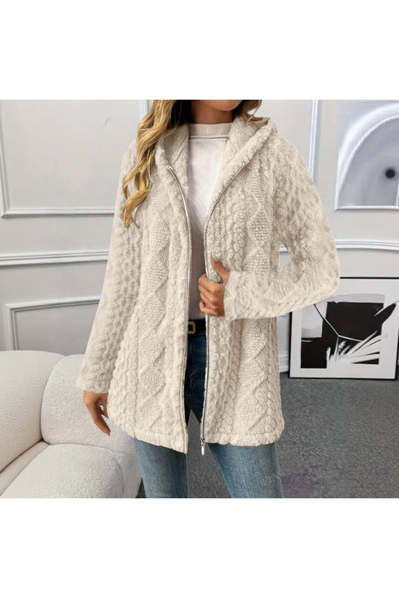 Women's Mid Length Plush Jacket, Zip Front Hooded Coat with Embossed Pattern, Short Pile Fleece Outerwear, Soft Textured Casual Top, Long Sleeve Everyday Wear Beige L