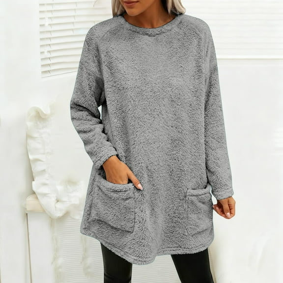 Women's Mid-Length Plush Sweatshirt, Double-Sided Fleece Pullover with Pockets, Crew Neck Casual Long Sleeve Top, Soft Warm Layering Piece, Autumn Winter Comfort Wear Grey XXL