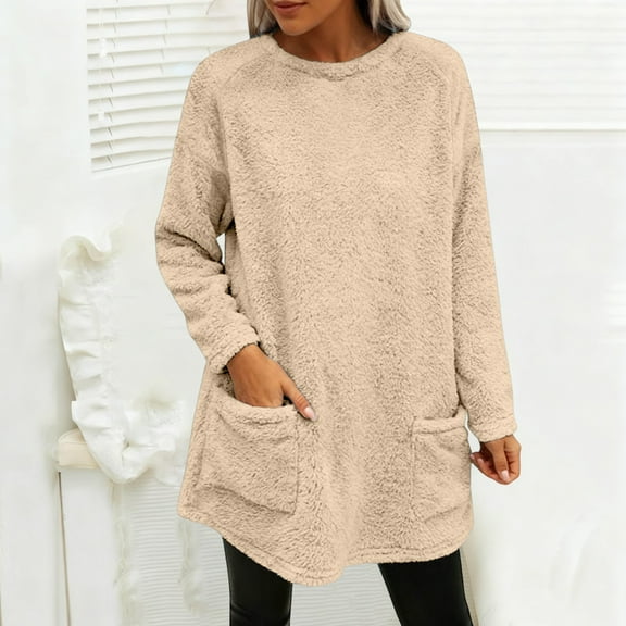 Women's Mid-Length Plush Sweatshirt, Double-Sided Fleece Pullover with Pockets, Crew Neck Casual Long Sleeve Top, Soft Warm Layering Piece, Autumn Winter Comfort Wear Beige L