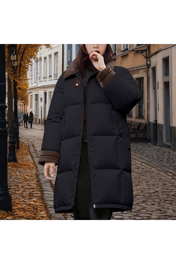 Women's Mid-Length Puffer Coat, Lapel Collar Thickened Winter Jacket, Quilted Cotton Filled Coat, Loose Fit Casual Parka, Warm Long Sleeve Coat Black L