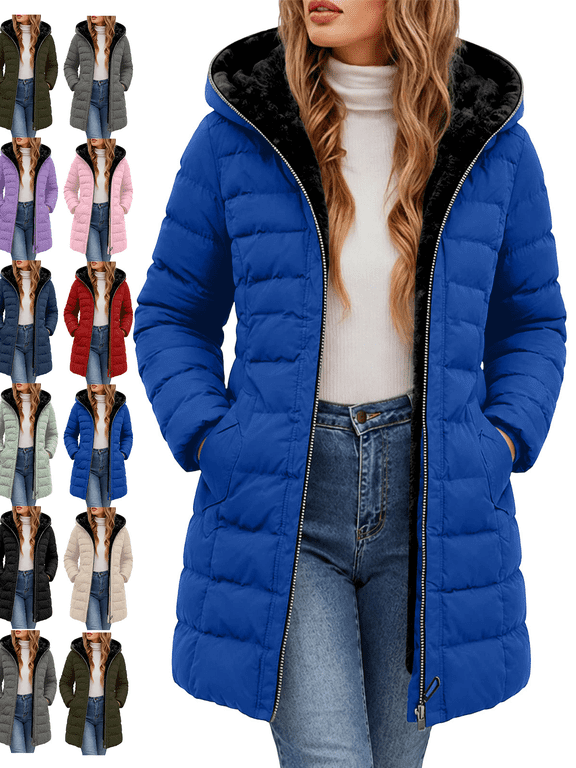 Women's Mid Length Puffer Jacket Long Sleeve Full Zip Coat with Pockets Warm Winter Outerwear for Cold Weather