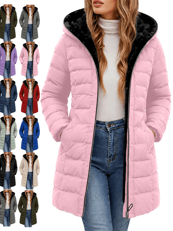 Women's Mid Length Puffer Jacket Long Sleeve Full Zip Coat with Pockets Warm Winter Outerwear for Cold Weather