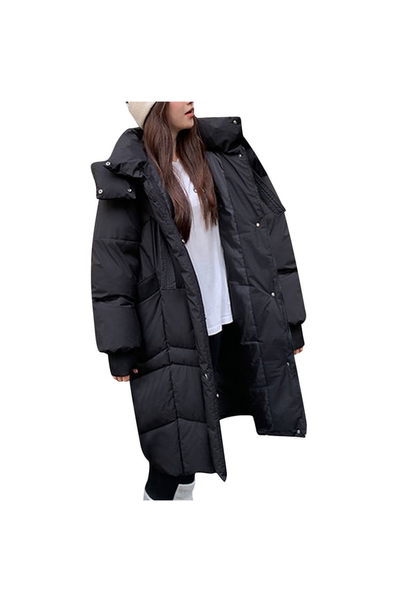 Women's Mid-Length Puffer Jacket Winter Warm Coat Hooded Quilted Long Sleeve Full Zip Outerwear Coats with Pockets (L, Black)