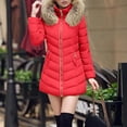 thumbnail image 1 of Women's Mid-Length Quilted Puffer Coat, Plush Faux Fur Hooded Down Jacket, Slim Fit Thermal Winter Coat, Warm Padded Parka, Long Sleeve Winter Jacket, Thick Hooded Coat Red L, 1 of 9