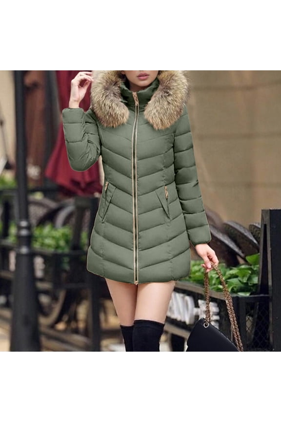 Women's Mid-Length Quilted Puffer Coat, Plush Faux Fur Hooded Down Jacket, Slim Fit Thermal Winter Coat, Warm Padded Parka, Long Sleeve Winter Jacket, Thick Hooded Coat Green XXL