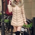 thumbnail image 1 of Women's Mid-Length Quilted Puffer Coat, Plush Faux Fur Hooded Down Jacket, Slim Fit Thermal Winter Coat, Warm Padded Parka, Long Sleeve Winter Jacket, Thick Hooded Coat Khaki XL, 1 of 9