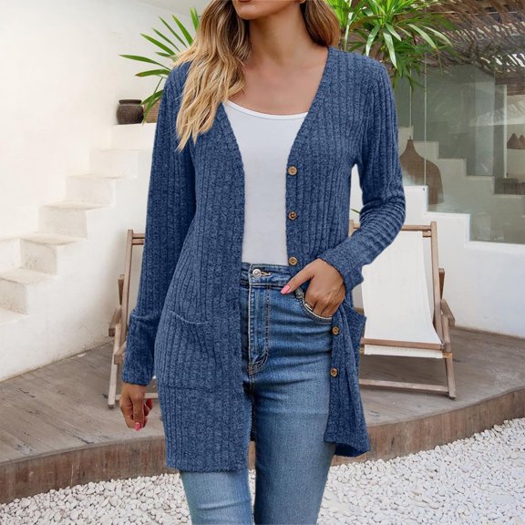 Women's Mid-Length Ribbed Cardigan, Long Sleeve Button Front Sweater, Open Front Knit Cardigan, Casual Lounge Wear, Soft Comfortable Cardigan, Pocket Detail Outwear, Relaxed Fit Cardigan Blue XXL