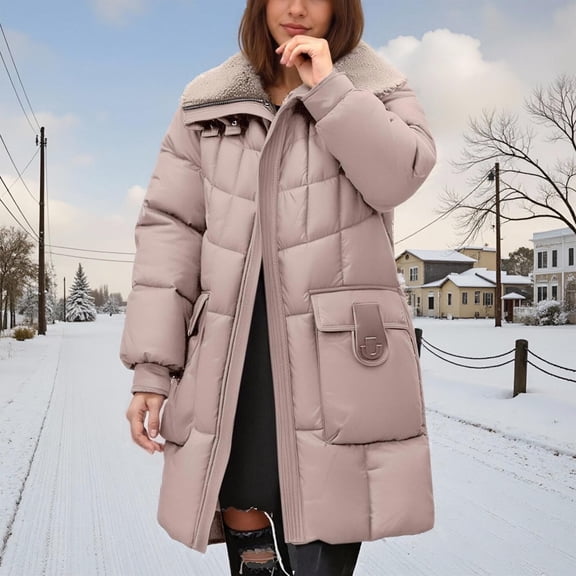 Women's Mid-Length Sherpa Lined Coat, Notch Lapel Long Jacket, Loose Fit Plus Size Winter Parka, Thickened Cotton Padded Overcoat, Comfortable Warm Outerwear Khaki S