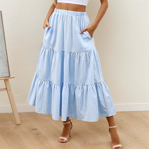 Women's Mid Length Skirt With Pockets High Elasticity Waist Flowing Ruffles Casual Summer Bohemian Style A Line Skirt Festival Skirt plus Size Pencil Skirt for Women Skirt Bathing Suits for Women plus