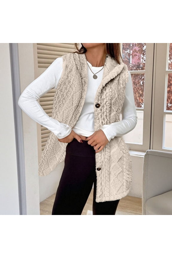 Women's Mid-Length Sleeveless Hooded Vest, Double Sided Fleece Cardigan, Button Front Plush Vest, Embossed Pattern Fleece Vest, Warm Winter Layering Piece, Casual Loungewear Vest Beige M