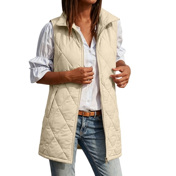 Women’s Mid‑Length Sleeveless Quilted Puffer Jacket Diamond Stitching Full Zip Vest with Soft Lining and Pockets for Cold Weather Beige