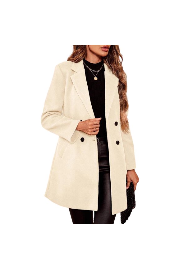 Women's Mid-Length Slim Fit Long Sleeve Jacket Notched Lapel Double Breasted Button Down Warm Overcoat