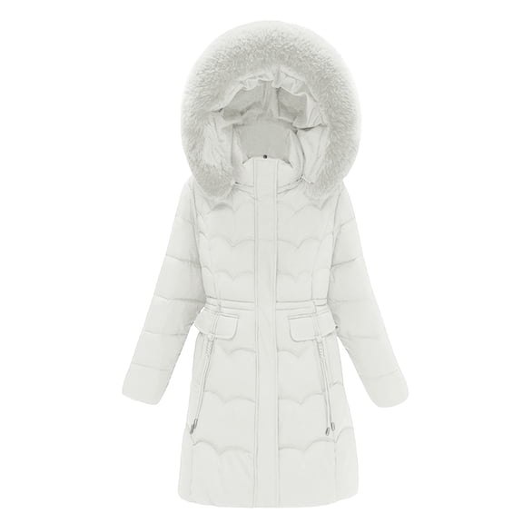Women's Mid-Length Slim Fit Puffer Coat, Detachable Hood Winter Jacket, Fleece Lined Warm Parka, Cold Weather Outerwear, Plush Trim Hooded Coat, Fashionable Winter Parka Beige XXL
