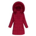 thumbnail image 1 of Women's Mid-Length Slim Fit Puffer Coat, Detachable Hood Winter Jacket, Fleece Lined Warm Parka, Cold Weather Outerwear, Plush Trim Hooded Coat, Fashionable Winter Parka Red XL, 1 of 9