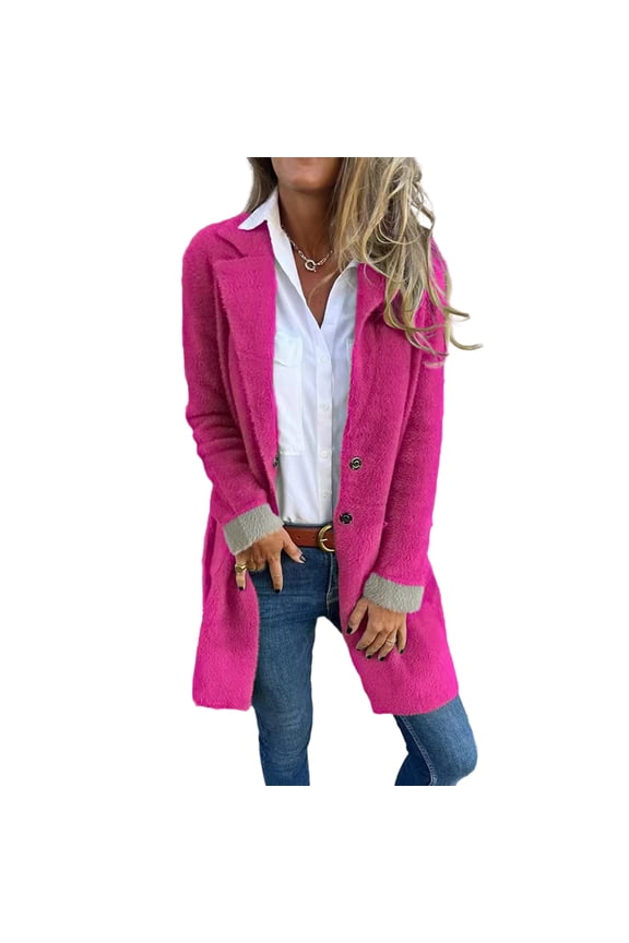 Women's Mid-Length Solid Color Coat - Long-Sleeved Winter Outerwear, Fuchsia, S