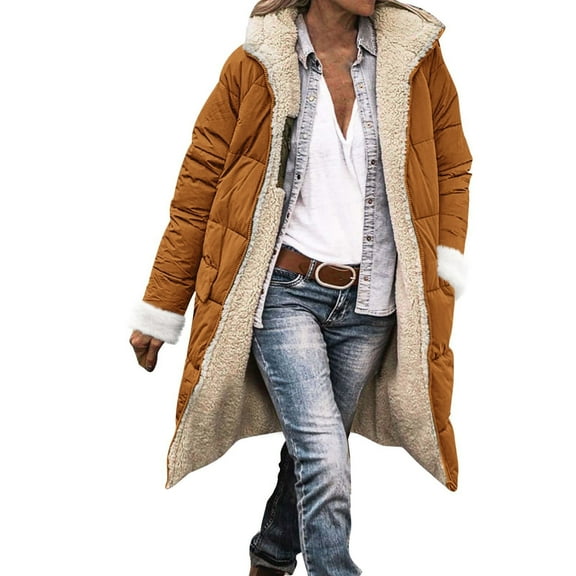 Women's Mid-Length Solid Color Winter Coat, Warm Hooded Long Sleeve Jacket with Soft Insulation, Knee-Length Casual Outerwear for Cold Weather, Classic Hood Daily Wear Parka Coffee S