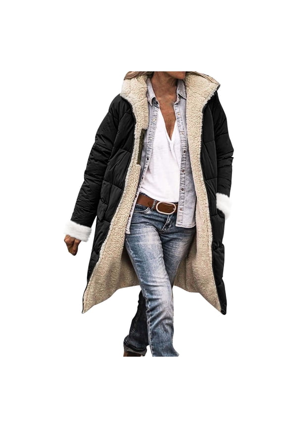 Women's Mid-Length Solid Color Winter Coat, Warm Hooded Long Sleeve Jacket with Soft Insulation, Knee-Length Casual Outerwear for Cold Weather, Classic Hood Daily Wear Parka Black L