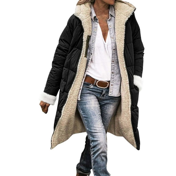 Women's Mid-Length Solid Color Winter Coat, Warm Hooded Long Sleeve Jacket with Soft Insulation, Knee-Length Casual Outerwear for Cold Weather, Classic Hood Daily Wear Parka Black XL