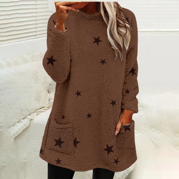 Women's Mid-Length Star Print Pullover, Double-Sided Fleece Hoodie, Loose Fit Round Neck Sweatshirt, Cozy Plush Long Sleeve Top, Kangaroo Pocket Casual Loungewear Khaki L
