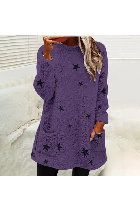 Women's Mid-Length Star Print Pullover, Double-Sided Fleece Hoodie, Loose Fit Round Neck Sweatshirt, Cozy Plush Long Sleeve Top, Kangaroo Pocket Casual Loungewear Purple XXL