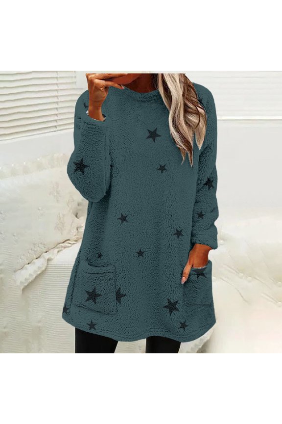 Women's Mid-Length Star Print Pullover, Double-Sided Fleece Hoodie, Loose Fit Round Neck Sweatshirt, Cozy Plush Long Sleeve Top, Kangaroo Pocket Casual Loungewear Light Green L
