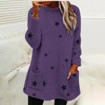 thumbnail image 1 of Women's Mid-Length Star Print Pullover, Double-Sided Fleece Hoodie, Loose Fit Round Neck Sweatshirt, Cozy Plush Long Sleeve Top, Kangaroo Pocket Casual Loungewear Purple S, 1 of 6