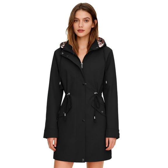 Women's Mid-Length Trench Jacket, 2025 New Style Outdoor Windproof Coat with Attached Hood, Lightweight Water-Resistant Windbreaker for Fall Winter, Casual Long Sleeve Jacket with Front Pockets C S