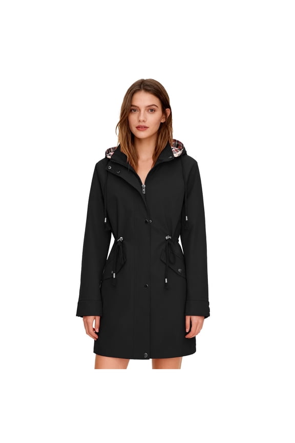 Women's Mid-Length Trench Jacket, 2025 New Style Outdoor Windproof Coat with Attached Hood, Lightweight Water-Resistant Windbreaker for Fall Winter, Casual Long Sleeve Jacket with Front Pockets C XL