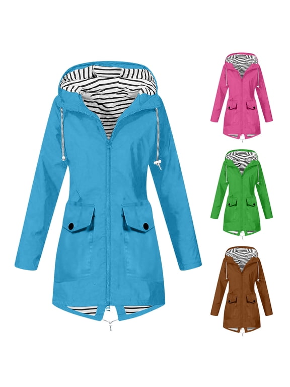Women's Mid Length Windbreaker Jackets Striped Lined Hooded Rain Windbreaker Lightweight Water Resistant Raincoat with Cargo Pockets Blue 2XL