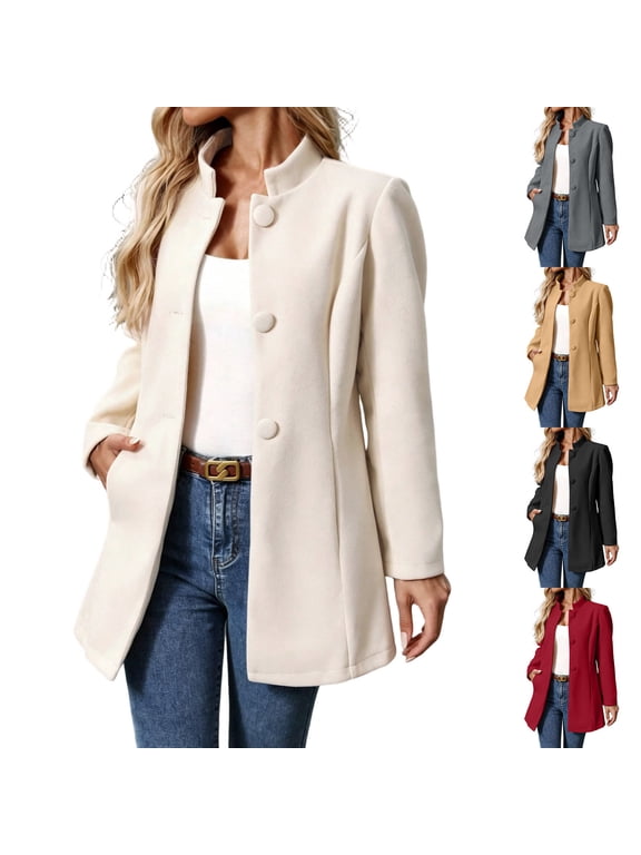 Women's Mid Length Wool Blend Blazer Stand Collar Open Front Coat with Functional Pockets Beige XL(XL)