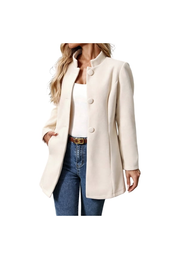 Women's Mid Length Wool Blend Blazer Stand Collar Open Front Coat with Functional Pockets Beige XXL