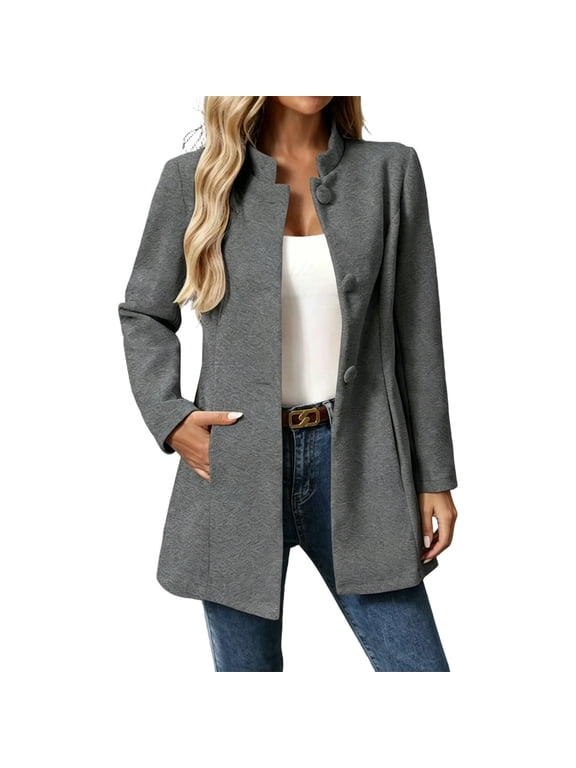 Women's Mid Length Wool Blend Blazer Stand Collar Open Front Coat with Functional Pockets Gray XXL