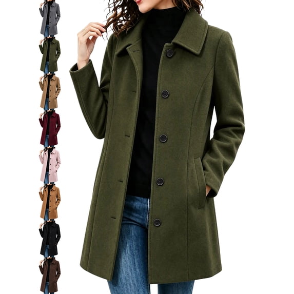 Women's Mid Length Wool Coat Lapel Collar Long Sleeve Button Front Classic Office Coat