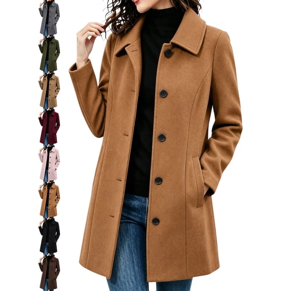 Women's Mid Length Wool Coat Lapel Collar Long Sleeve Button Front Classic Office Coat