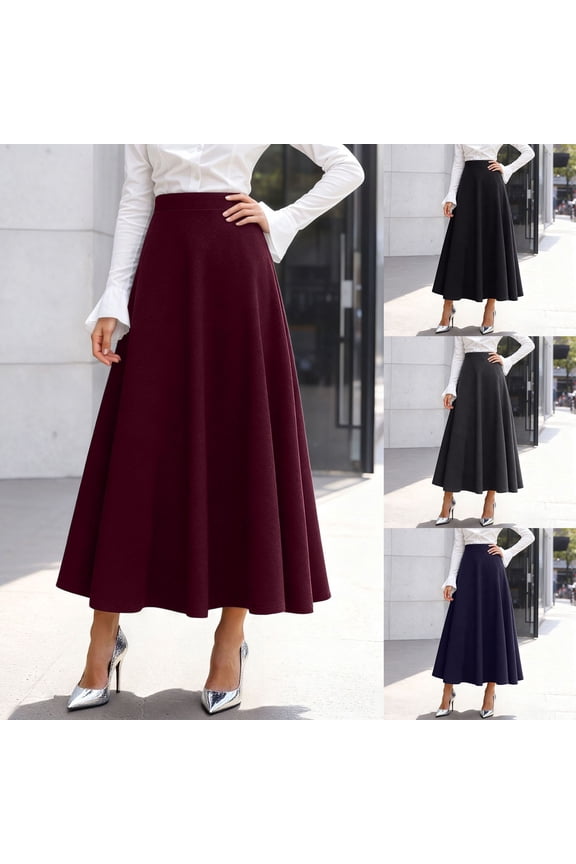 Women's Mid Length Woolen Skirt High Waisted Full Skirted Thickened A Line Skirt Blue M