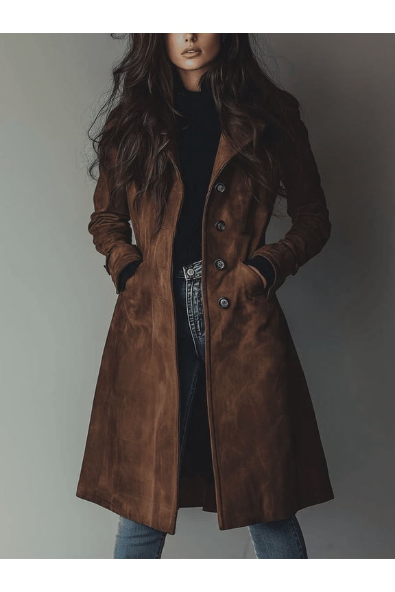Women's Mid Long Faux Suede Trench Coat Single Breasted Notched Lapel Overcoat Soft Windproof Warm Outerwear With Side Pockets Slim Fit Fall Winter Casual Dressy Jacket