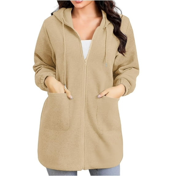 Women's Mid Long Hooded Jackets with Pockets Cotton Winter Full-Zip Sweatshirt Coat with Pockets Fall Outerwear (2XL, Khaki)