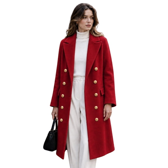 Women's Mid Long Pea Coat Double Breasted Winter Outerwear Warm Overcoat