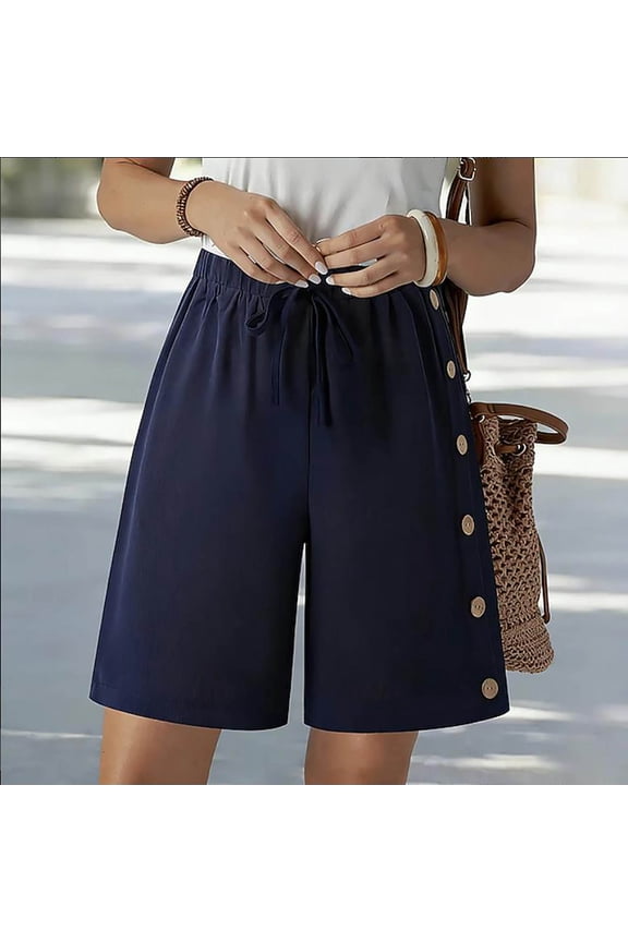 Women's Mid Rise 5 Inch Elastic Waist Shorts, Nylon Spandex Stretchy Tummy Control Fit, Versatile Casual Button Closure for Summer, Everyday Wear for Work | TruHer,Navy S