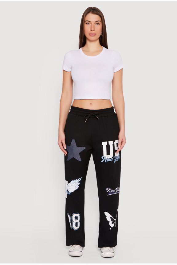 Women's Mid Rise Assorted Patch Graphic Sweatpants
