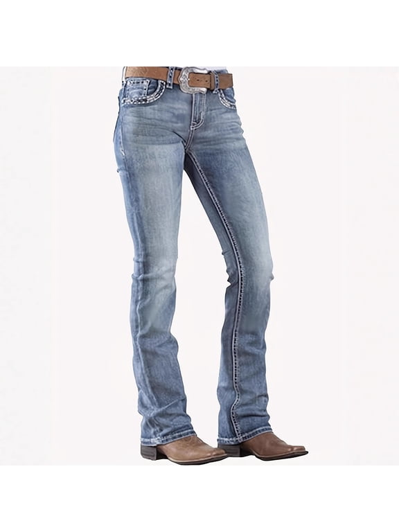 Women's Mid Rise Bootcut Jeans Western Stretchy Straight Leg Denim Pants | Embroidered Pockets,Cowgirl Clothing,2026 Trendy,Country Outfits,Tummy Control,Butt Lifting,Fall Fashion,90s Vintage