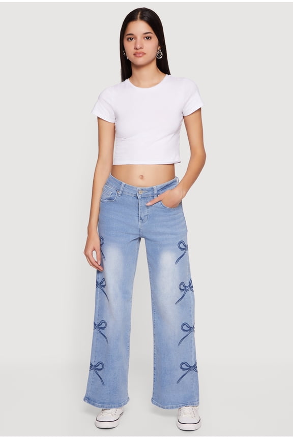 Women's Mid Rise Bow Print Wide Leg Jeans