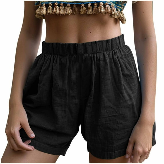 Women's Mid Rise Cotton Linen Shorts Elastic Casual Short Pants Solid Color Sport Short Lightweight Breathable Summer Half Pant Loose Leisure Bottoms Clothes with Pocket