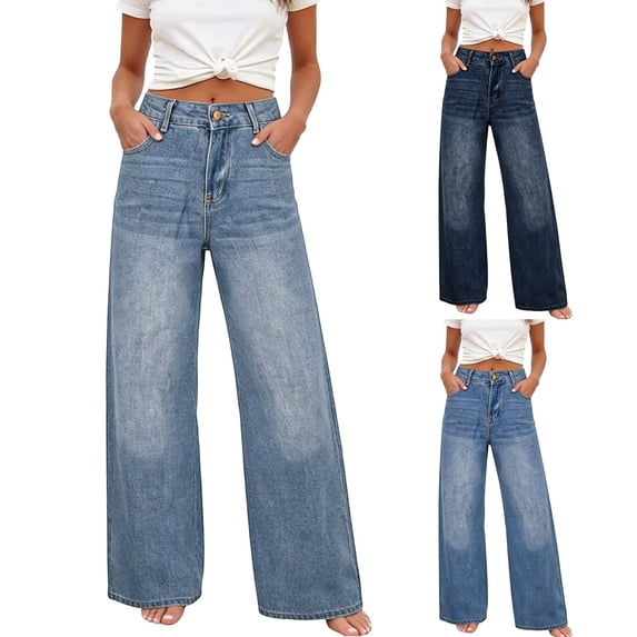 Women's Mid Rise Denim Wide Leg Jeans, Tummy Smoothing Fashion Trousers with Functional Side Pockets, Casual Relaxed Fit for Everyday Wear, Versatile Palazzo | CSEONE,Dark Blue M