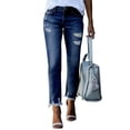 thumbnail image 1 of Women's Mid Rise Distressed Straight Leg Jeans with Raw Hem, Classic Blue Denim Casual Pants for Everyday Wear, 1 of 4