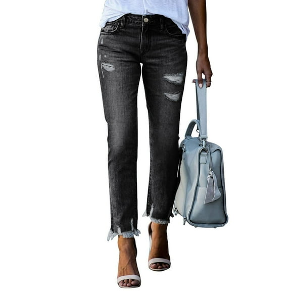 Women's Mid Rise Distressed Straight Leg Jeans with Raw Hem, Classic Blue Denim Casual Pants for Everyday Wear