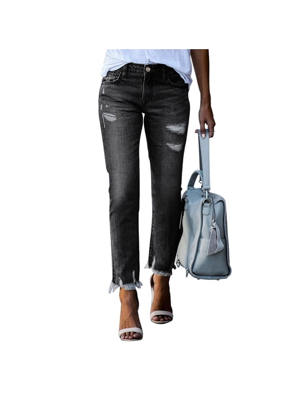 Women's Mid Rise Distressed Straight Leg Jeans with Raw Hem, Classic Blue Denim Casual Pants for Everyday Wear