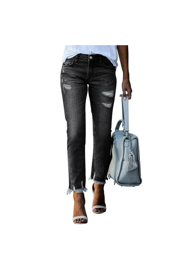 Women's Mid Rise Distressed Straight Leg Jeans with Raw Hem, Classic Blue Denim Casual Pants for Everyday Wear
