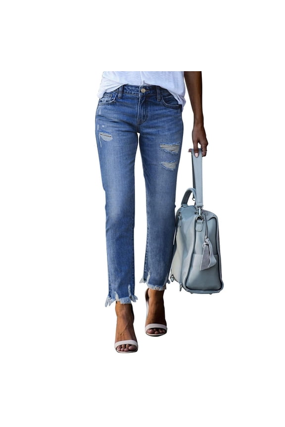 Women's Mid Rise Distressed Straight Leg Jeans with Raw Hem, Classic Blue Denim Casual Pants for Everyday Wear