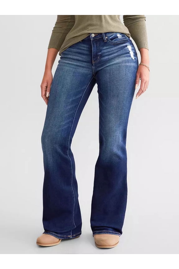 Women's Mid Rise Flare Jeans Distressed Ripped Stretch Dark Wash Bootcut for Casual Dark Blue